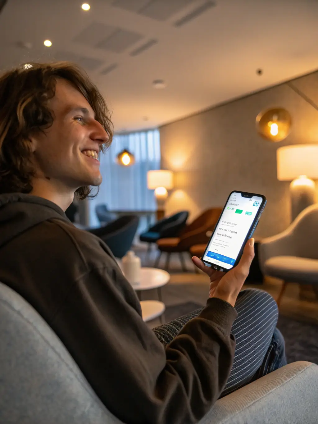 A close-up shot of a smiling customer using the H2777 platform on their mobile phone, conveying satisfaction and ease of use.