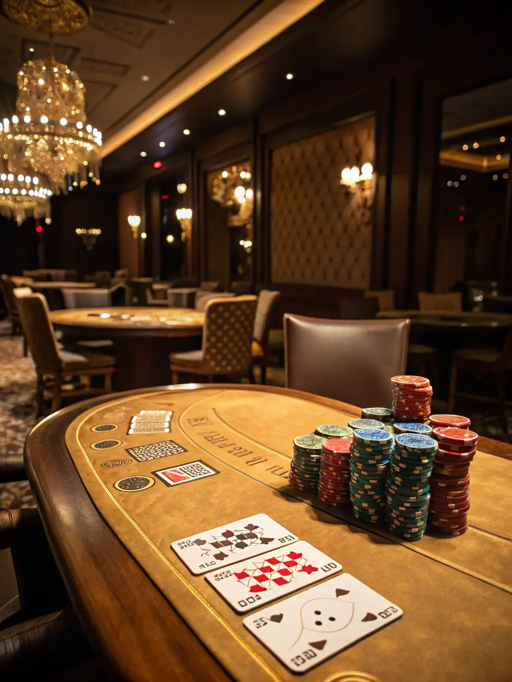 A realistic depiction of a casino table with cards, chips, and dice, representing the classic casino games offered on H2777, such as blackjack, roulette and baccarat.